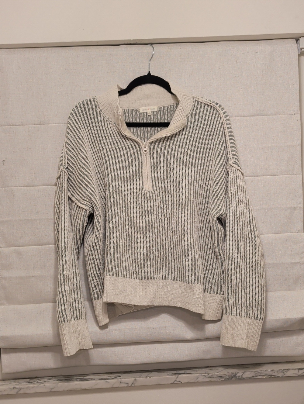 Striped Half-Zip Knit Sweater - Cream/Gray